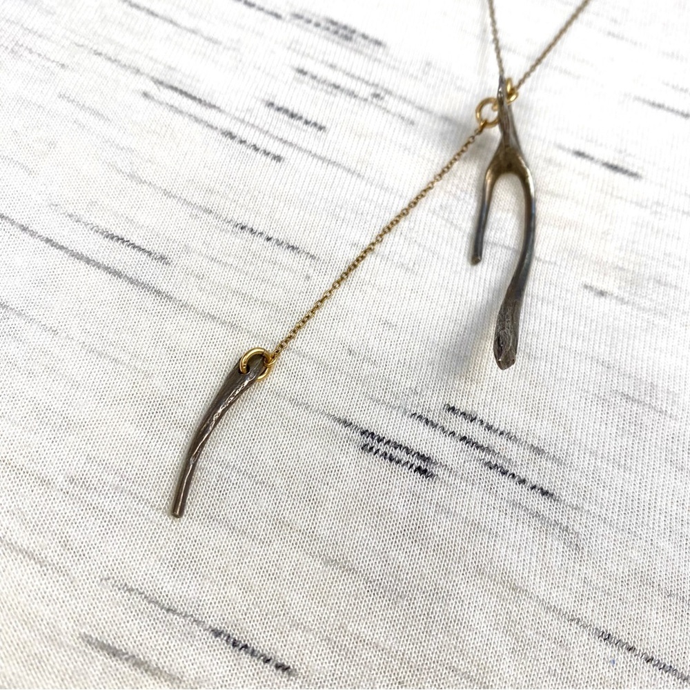 NWOT Asymmetrical Wishbone Lariat Gold Plated & Pewter Artisan Necklace - Picture 6 of 8